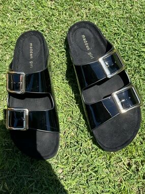 Madden Girl Black Patent Double Buckle Slides with Silver Hardware
